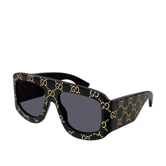Gucci GG0983S 004 Black Gold Grey Lens Soft Square Oversize Monogram Sunglasses - Picture 2 of 7